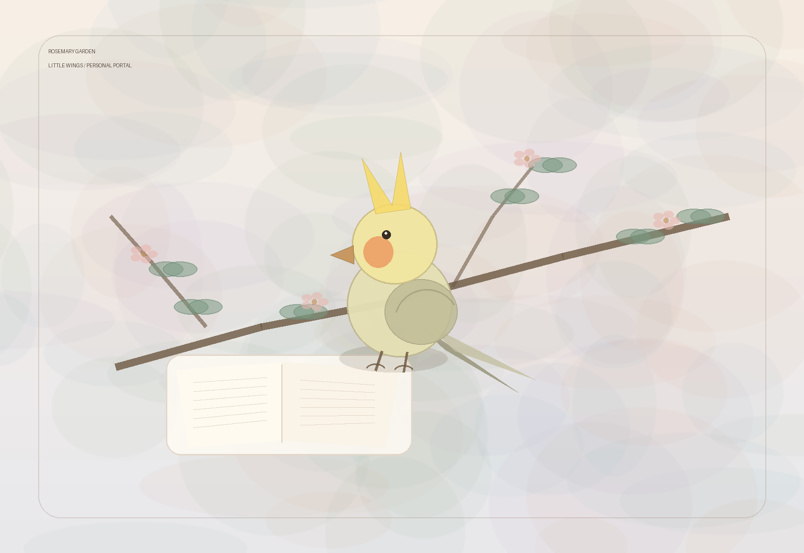 A dreamy editorial illustration of a cockatiel in Rosemary Garden
